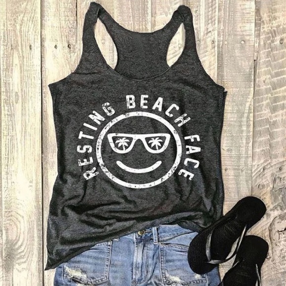 Tops - Resting Beach Face Dark Gray Tank Graphic Tee Top